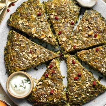 Kookoo Sabzi is a delicious and nutritious Persian frittata packed with fresh herbs, warm spices, and eggs. Serve as a delicious appetizer or side dish. | aheadofthyme.com