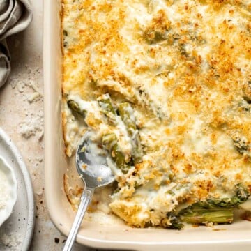 Asparagus Casserole is creamy and cheesy, featuring tender-crisp asparagus in a rich, garlicky sauce topped with a crispy panko and parmesan crust. | aheadofthyme.com