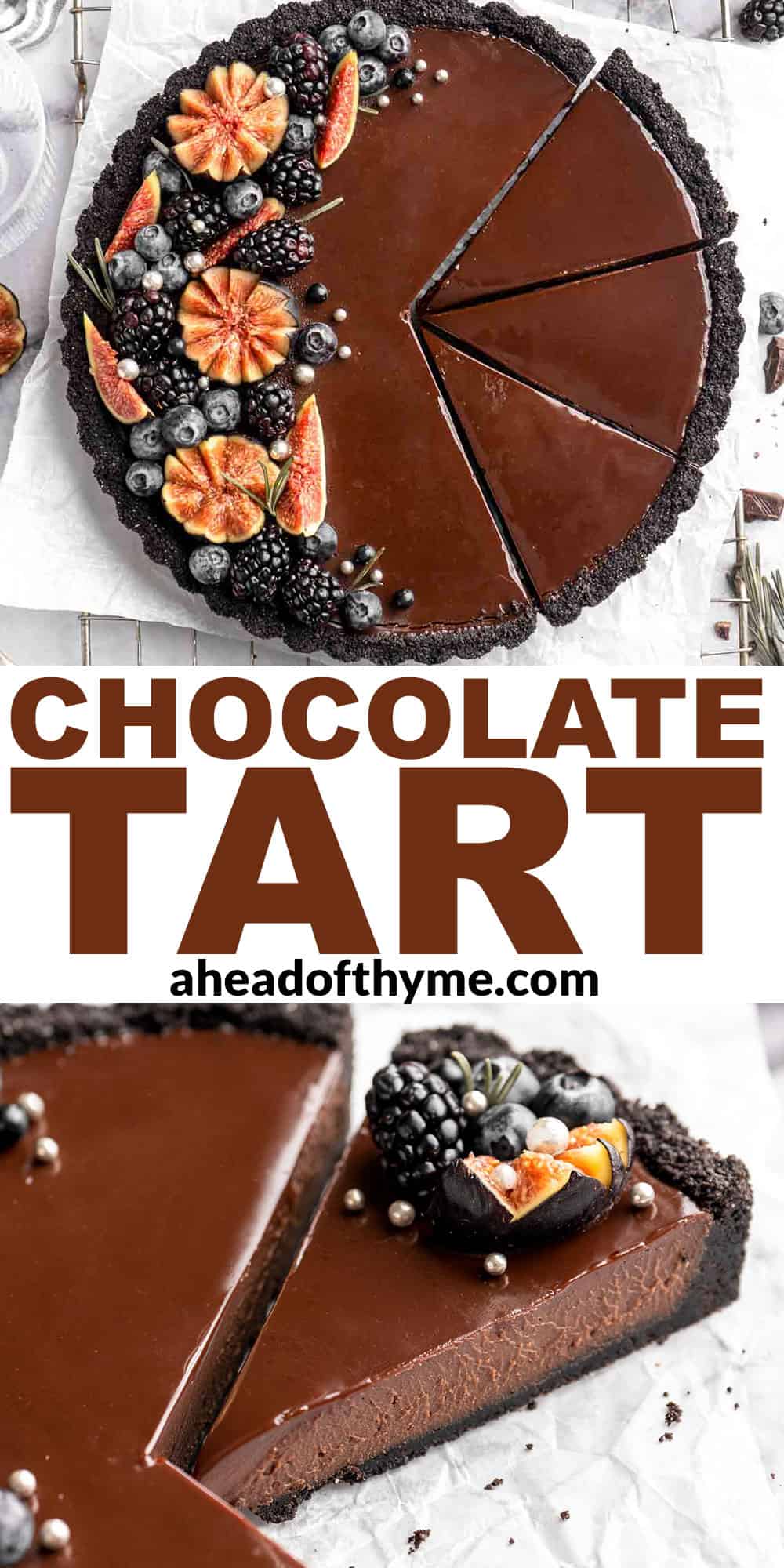 This Chocolate Tart is rich, decadent, and layered with the perfect balance of chocolate ganache and Oreo cookie crust. Way easier to make than you think! | aheadofthyme.com