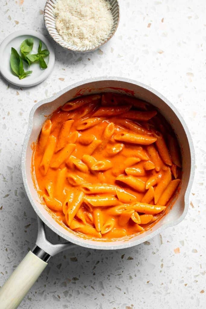 This Creamy Roasted Red Pepper Pasta is cozy, comforting, and packed with flavor. It comes together with simple ingredients in just 30 minutes. | aheadofthyme.com
