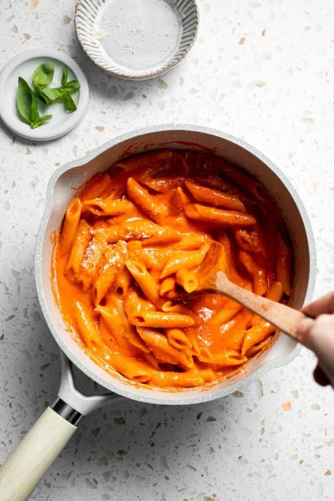This Creamy Roasted Red Pepper Pasta is cozy, comforting, and packed with flavor. It comes together with simple ingredients in just 30 minutes. | aheadofthyme.com
