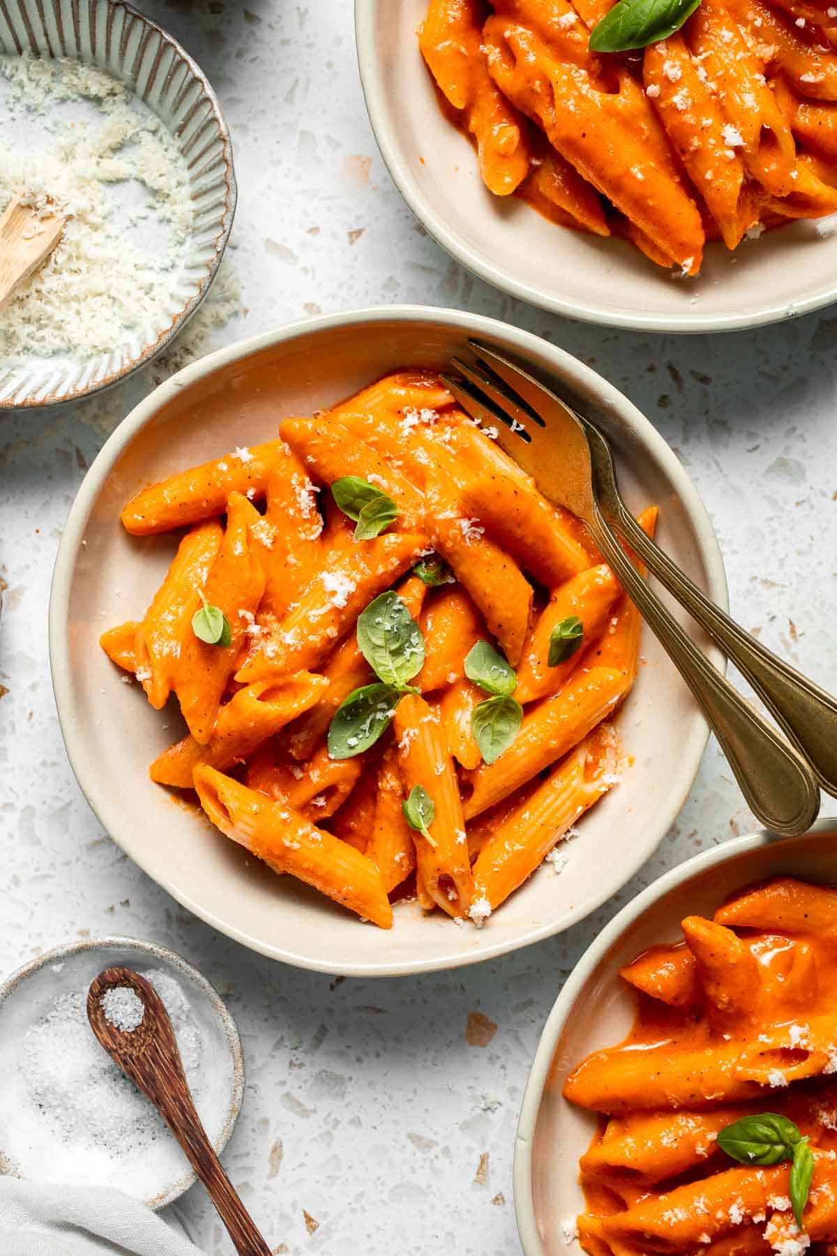 This Creamy Roasted Red Pepper Pasta is cozy, comforting, and packed with flavor. It comes together with simple ingredients in just 30 minutes. | aheadofthyme.com
