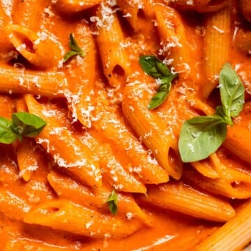 This Creamy Roasted Red Pepper Pasta is cozy, comforting, and packed with flavor. It comes together with simple ingredients in just 30 minutes. | aheadofthyme.com