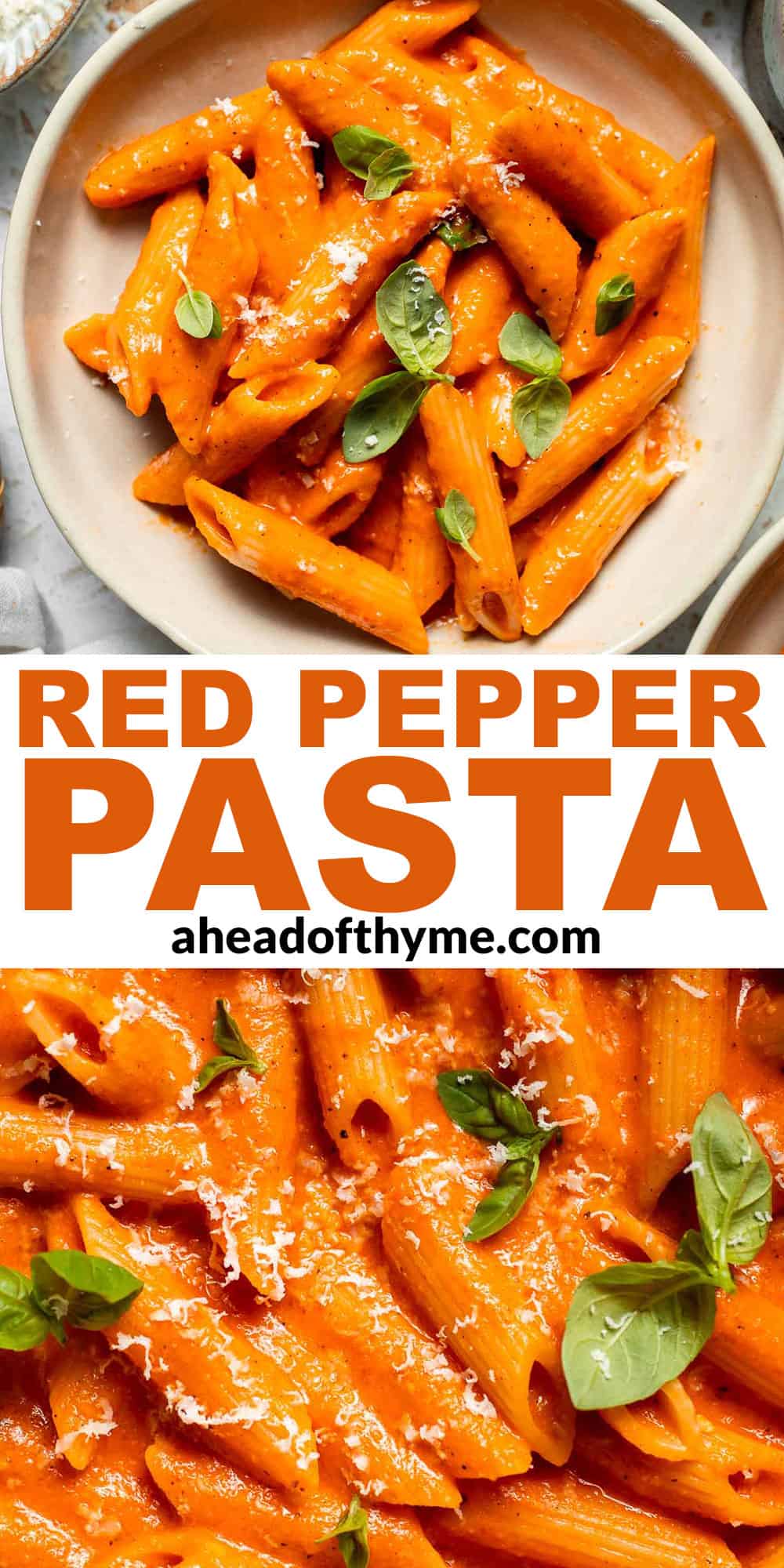 This Creamy Roasted Red Pepper Pasta is cozy, comforting, and packed with flavor. It comes together with simple ingredients in just 30 minutes. | aheadofthyme.com