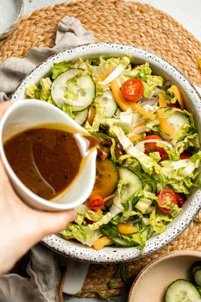Easy Tossed Salad is crisp, colorful, and fresh, made with crunchy romaine lettuce, juicy tomatoes, crisp cucumber, and a simple balsamic vinaigrette. | aheadofthyme.com
