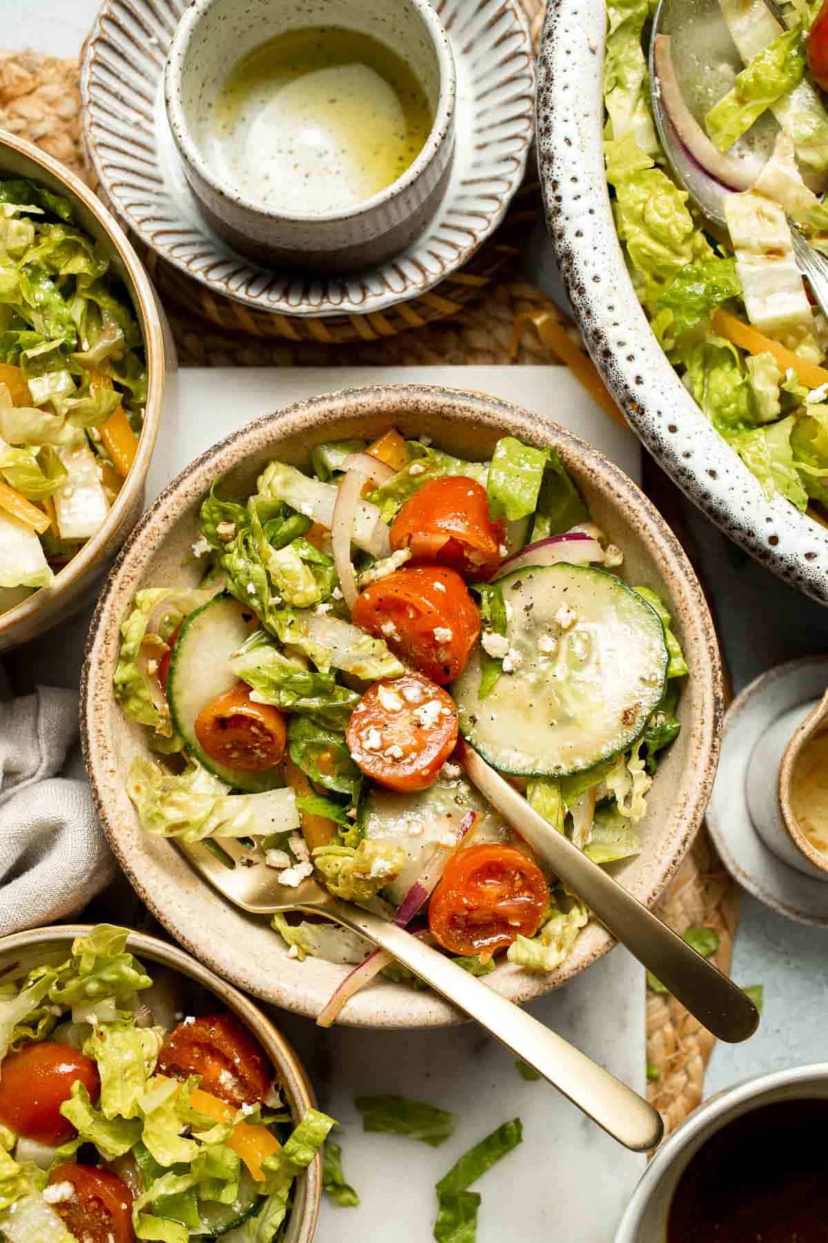 Easy Tossed Salad is crisp, colorful, and fresh, made with crunchy romaine lettuce, juicy tomatoes, crisp cucumber, and a simple balsamic vinaigrette. | aheadofthyme.com