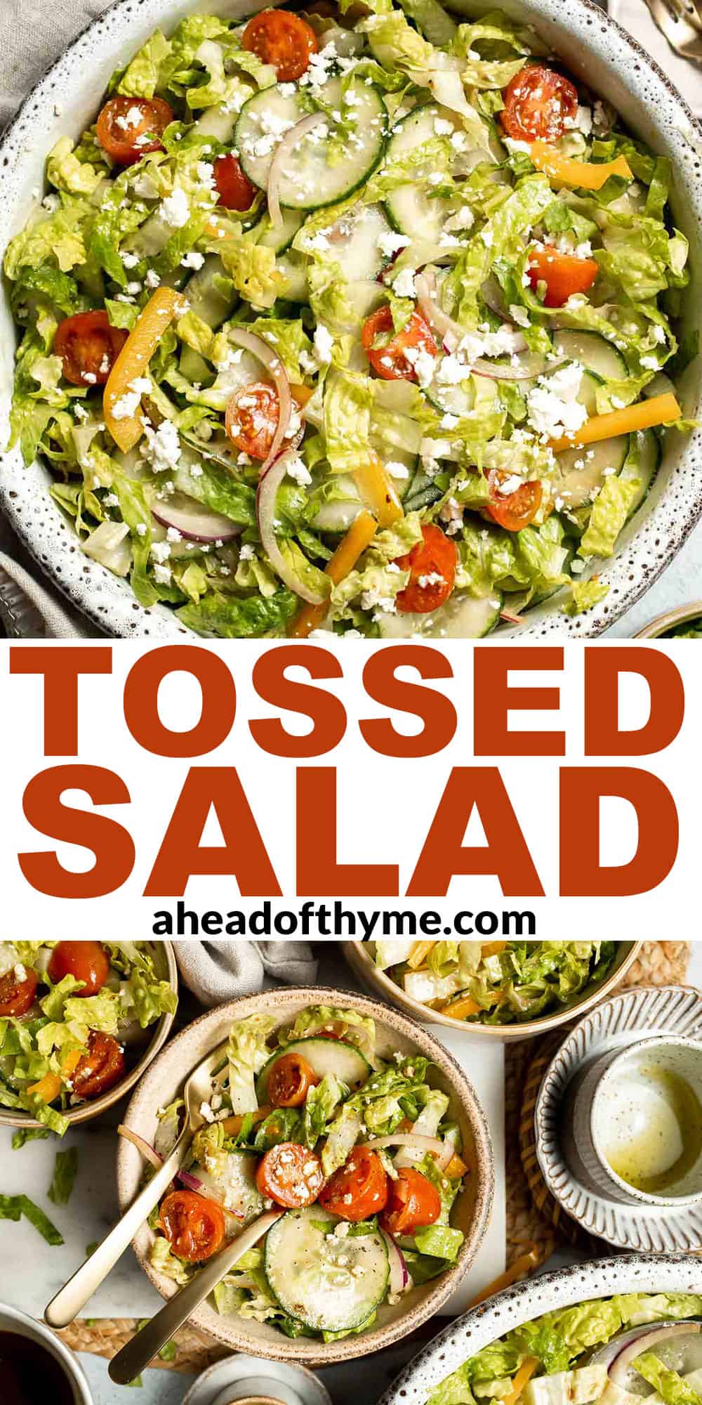 Easy Tossed Salad is crisp, colorful, and fresh, made with crunchy romaine lettuce, juicy tomatoes, crisp cucumber, and a simple balsamic vinaigrette. | aheadofthyme.com