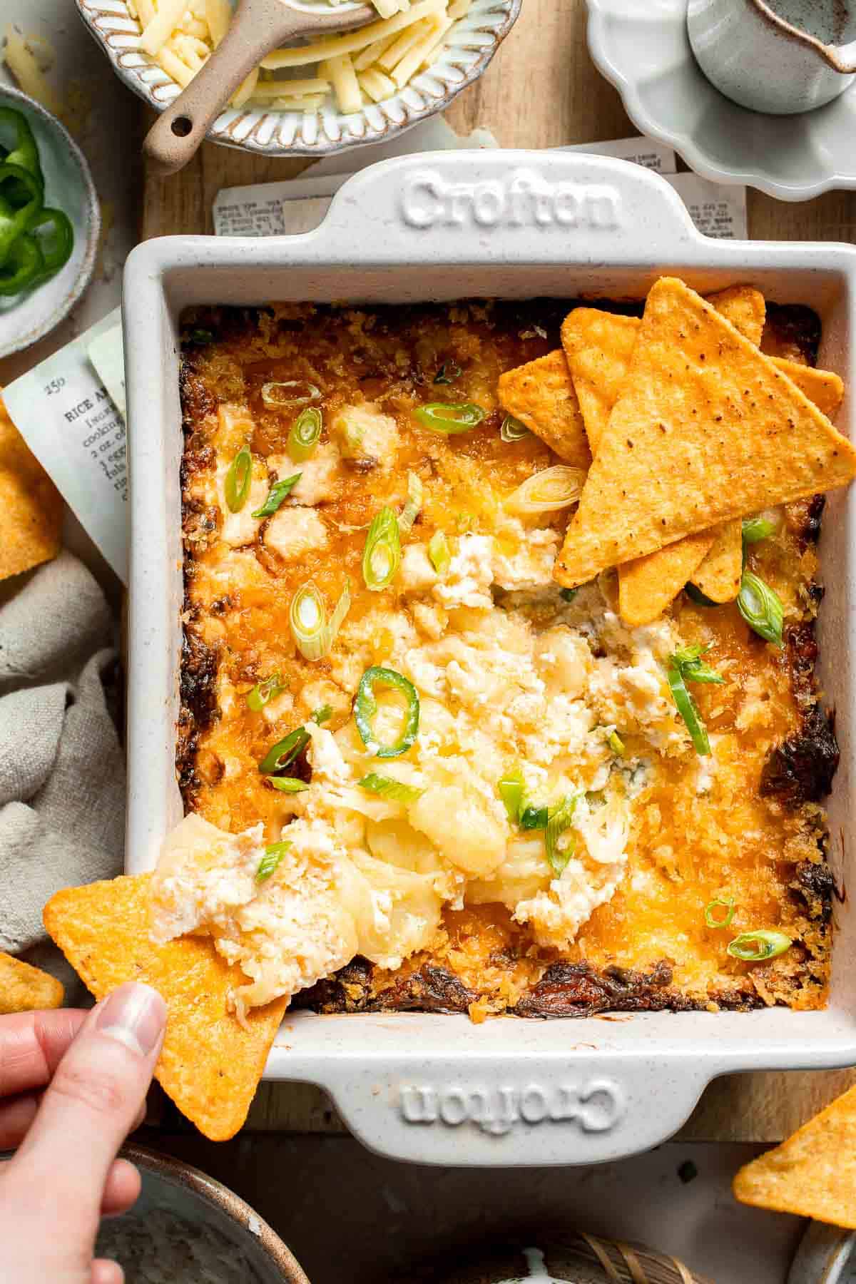 This Jalapeño Popper Dip is creamy, cheesy, and delicious — everything you love about the classic appetizer, served warm and scoopable. | aheadofthyme.com