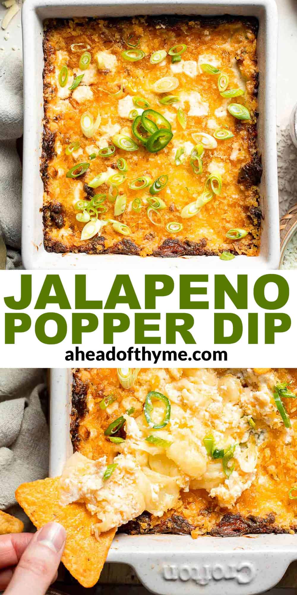 This Jalapeño Popper Dip is creamy, cheesy, and delicious — everything you love about the classic appetizer, served warm and scoopable. | aheadofthyme.com