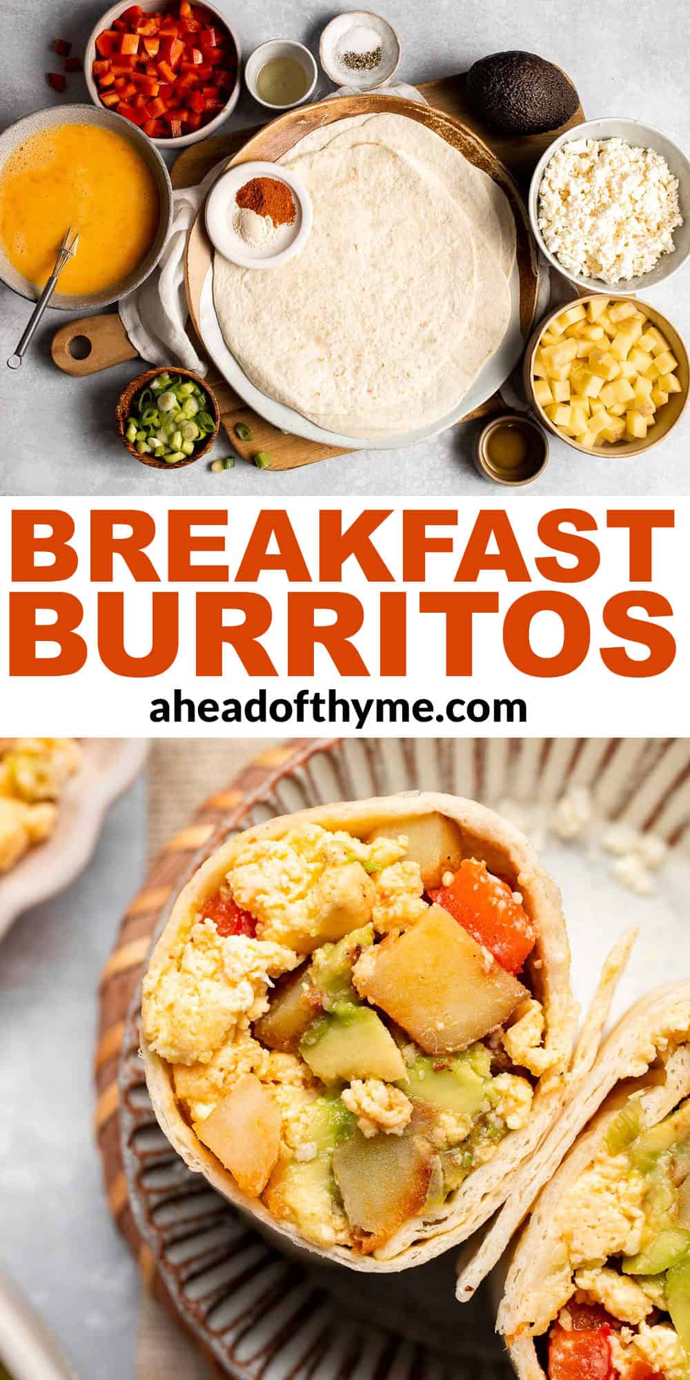 Vegetarian Breakfast Burritos are packed with crispy potatoes, veggies, fluffy eggs, cheese, and avocado. A balanced breakfast that actually keeps you full! | aheadofthyme.com