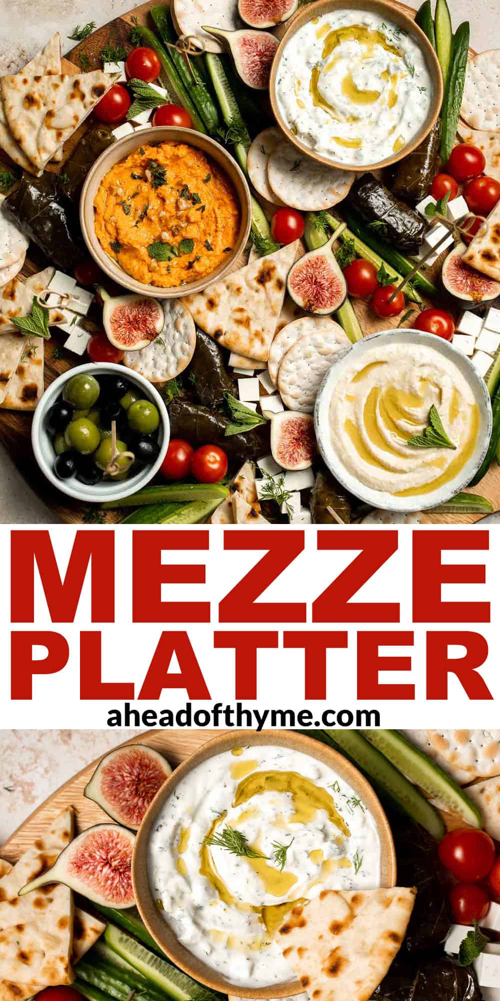 This easy Mezze Platter brings the best of Mediterranean snacking straight to your table with a colorful mix of dips, crisp vegetables, and briny bites. | aheadofthyme.com