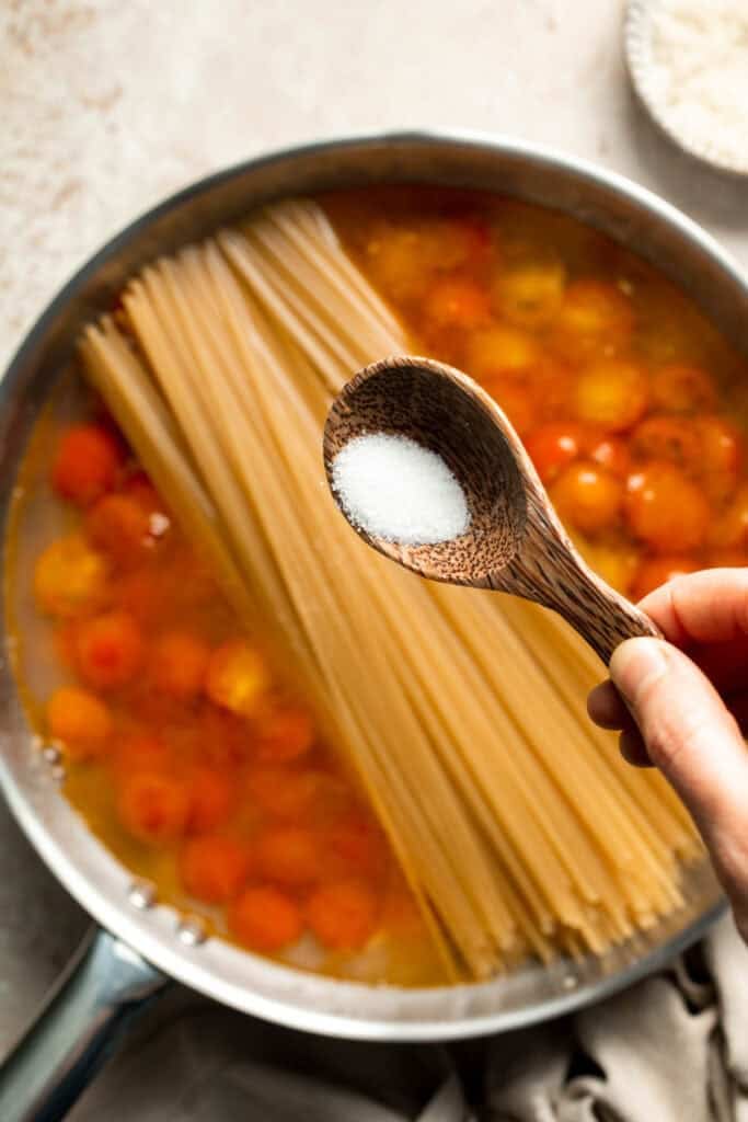 One Pot Pasta with Cherry Tomatoes (Meghan Markle Pasta) is a simple, creamy, and flavorful dish made in one pan for maximum flavor and minimal cleanup. | aheadofthyme.com