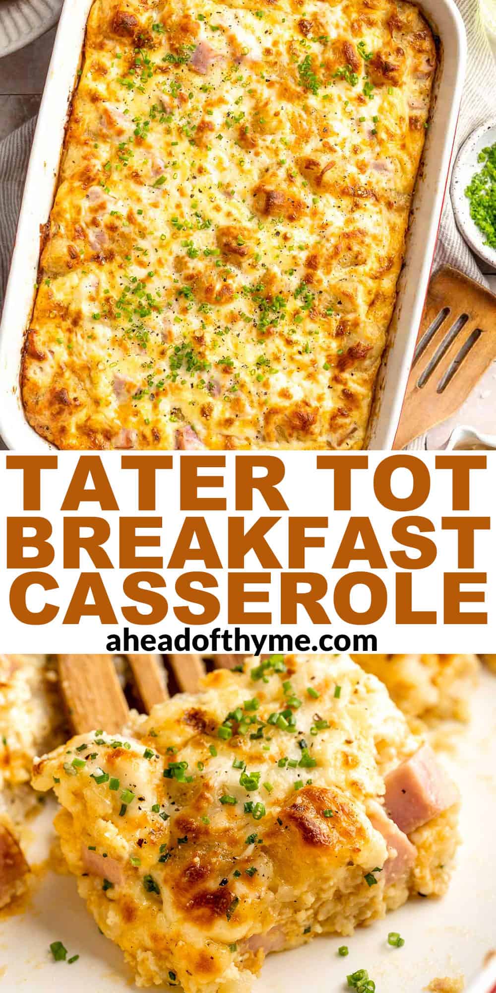 This Tater Tot Breakfast Casserole features a savory base of fluffy eggs, melty cheese, and ham, with golden, crispy tater tots that bakes to perfection. | aheadofthyme.com