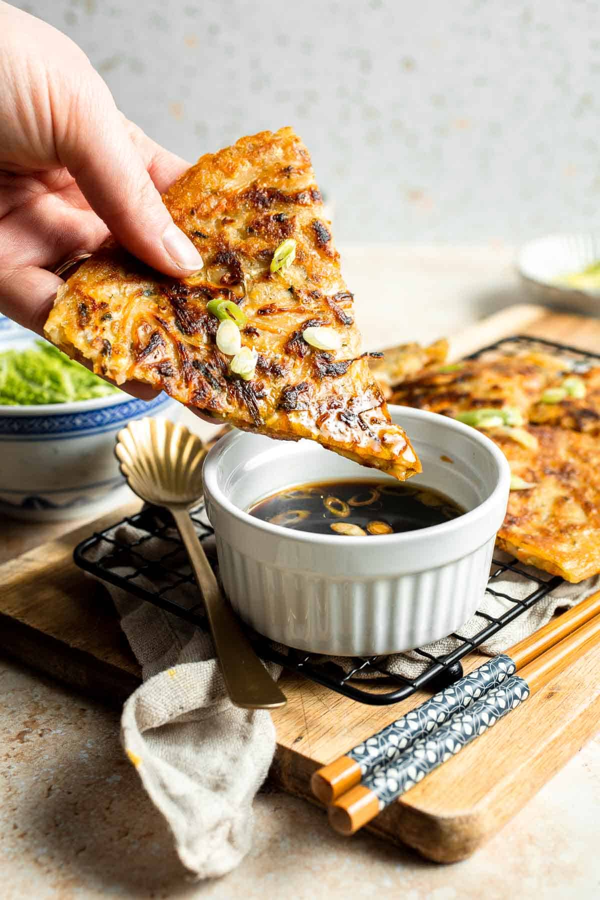 Crispy Korean Vegetable Pancakes (Yachaejeon) are quick, golden, and packed with colorful veggies. Serve with dipping sauce for a delicious snack or meal. | aheadofthyme.com