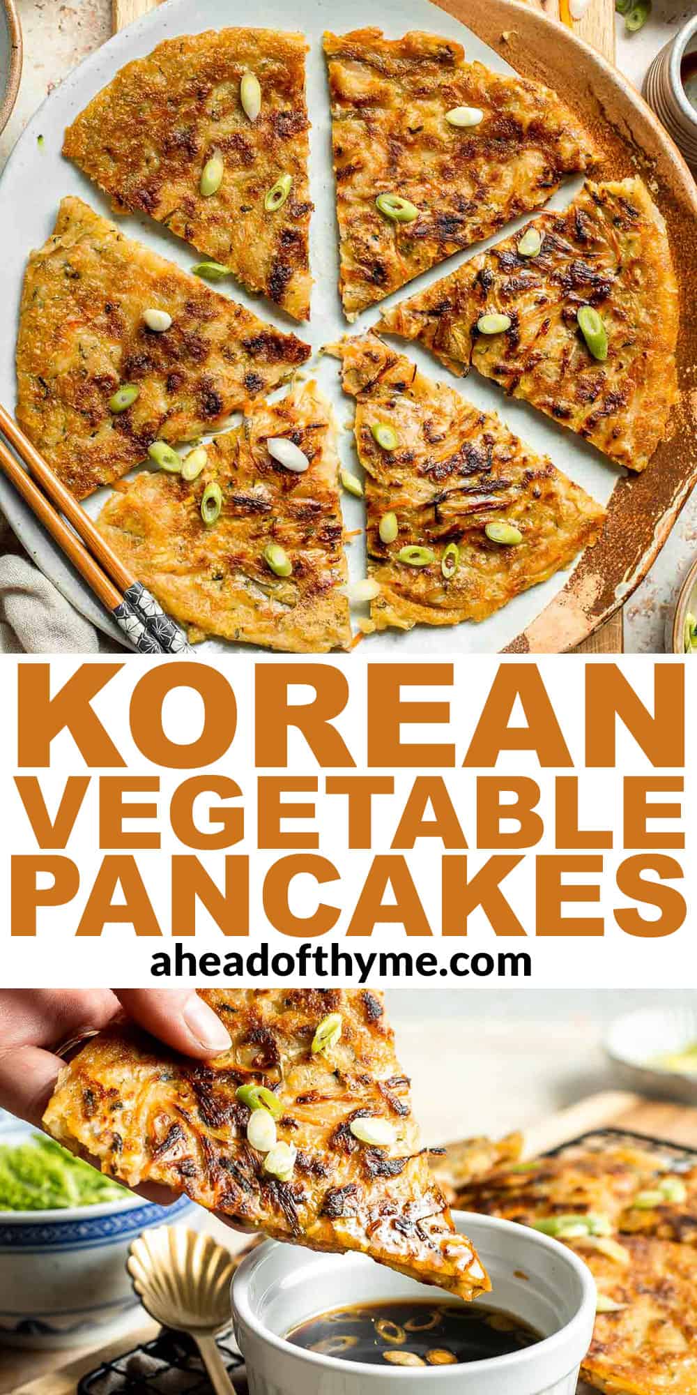 Crispy Korean Vegetable Pancakes (Yachaejeon) are quick, golden, and packed with colorful veggies. Serve with dipping sauce for a delicious snack or meal. | aheadofthyme.com