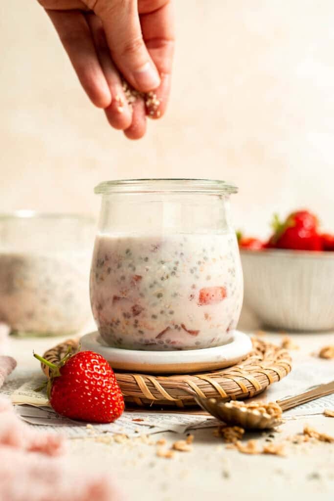 Strawberry Overnight Oats are a healthy, make-ahead breakfast with rolled oats, Greek yogurt, and fresh strawberries. Perfect for busy mornings! | aheadofthyme.com