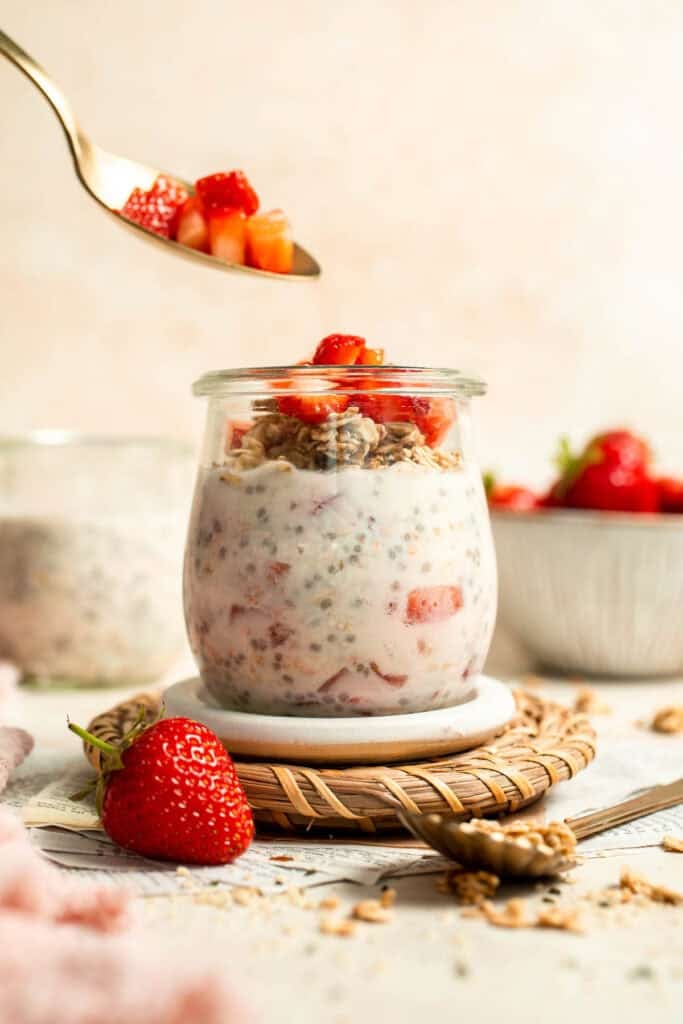 Strawberry Overnight Oats are a healthy, make-ahead breakfast with rolled oats, Greek yogurt, and fresh strawberries. Perfect for busy mornings! | aheadofthyme.com