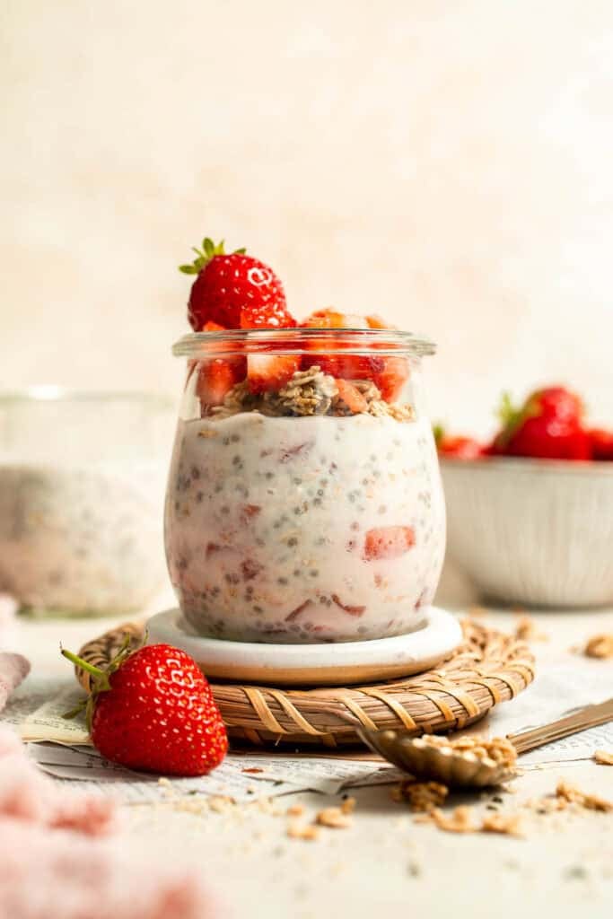 Strawberry Overnight Oats are a healthy, make-ahead breakfast with rolled oats, Greek yogurt, and fresh strawberries. Perfect for busy mornings! | aheadofthyme.com