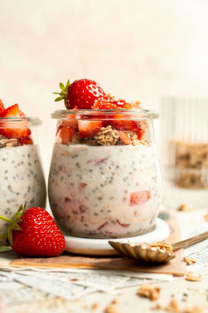 Strawberry Overnight Oats are a healthy, make-ahead breakfast with rolled oats, Greek yogurt, and fresh strawberries. Perfect for busy mornings! | aheadofthyme.com