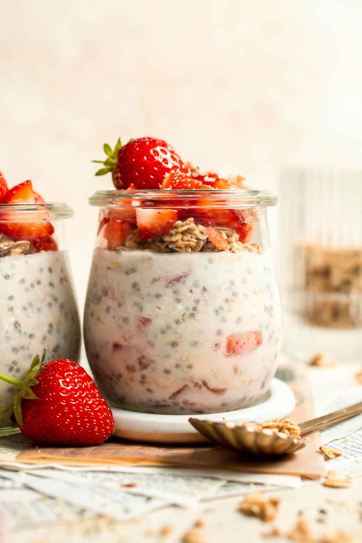 Strawberry Overnight Oats are a healthy, make-ahead breakfast with rolled oats, Greek yogurt, and fresh strawberries. Perfect for busy mornings! | aheadofthyme.com
