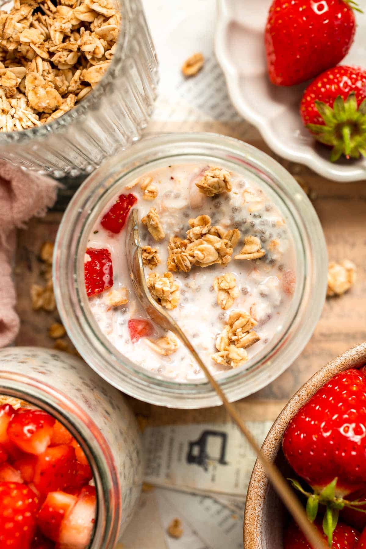 Strawberry Overnight Oats are a healthy, make-ahead breakfast with rolled oats, Greek yogurt, and fresh strawberries. Perfect for busy mornings! | aheadofthyme.com