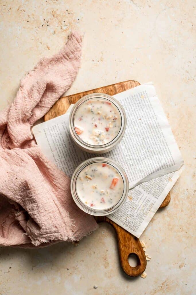 Strawberry Overnight Oats are a healthy, make-ahead breakfast with rolled oats, Greek yogurt, and fresh strawberries. Perfect for busy mornings! | aheadofthyme.com