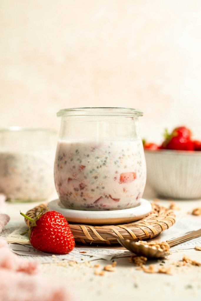 Strawberry Overnight Oats are a healthy, make-ahead breakfast with rolled oats, Greek yogurt, and fresh strawberries. Perfect for busy mornings! | aheadofthyme.com