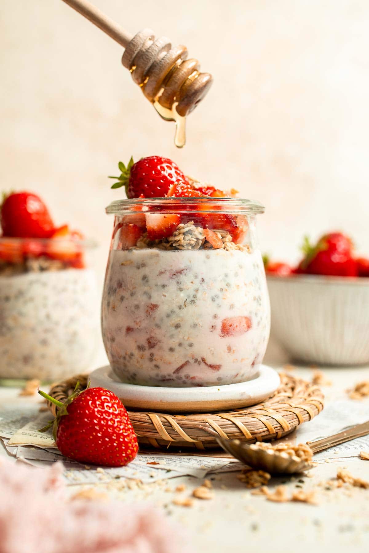 Strawberry Overnight Oats are a healthy, make-ahead breakfast with rolled oats, Greek yogurt, and fresh strawberries. Perfect for busy mornings! | aheadofthyme.com