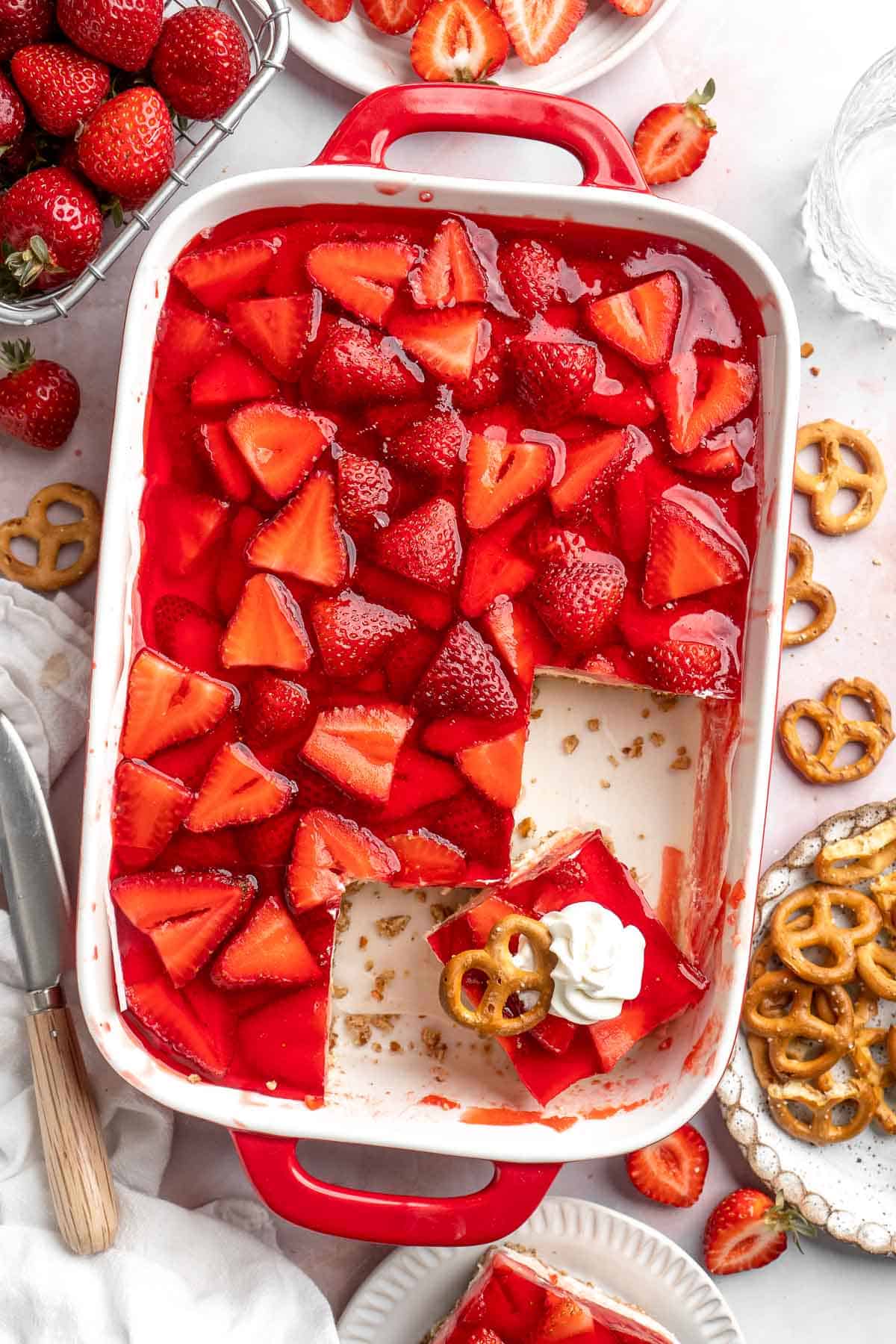 This Strawberry Pretzel Salad features a buttery pretzel crust, creamy filling, and fruity Jello topping — perfect for summer parties and potlucks! | aheadofthyme.com