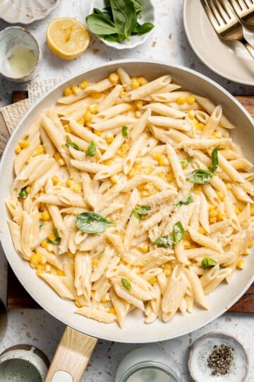 Easy Creamy Corn Pasta is a 20-minute dinner that combines the sweetness of corn with the creaminess of a rich sauce. A quick weeknight meal. | aheadofthyme.com