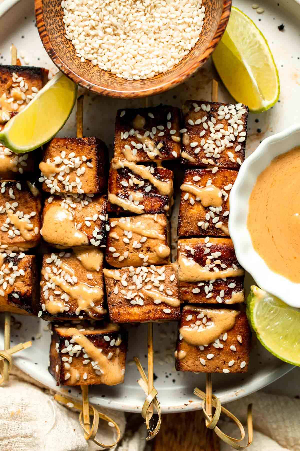 Looking for a delicious and protein-packed vegan meal? Try these grilled tofu skewers, perfect for a summer BBQ or any time of year. | aheadofthyme.com