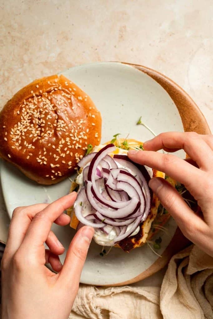 Halloumi Burgers are crispy, salty, and packed with Mediterranean flavor. A quick and easy vegetarian burger ready in 15 minutes! | aheadofthyme.com