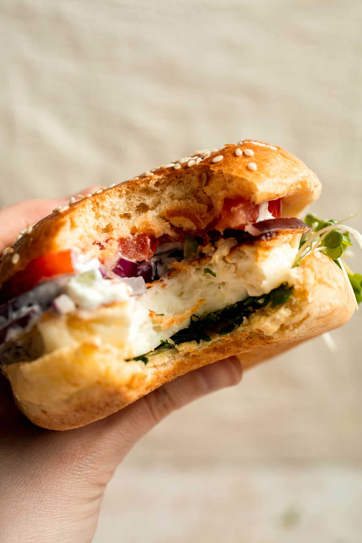 Halloumi Burgers are crispy, salty, and packed with Mediterranean flavor. A quick and easy vegetarian burger ready in 15 minutes! | aheadofthyme.com