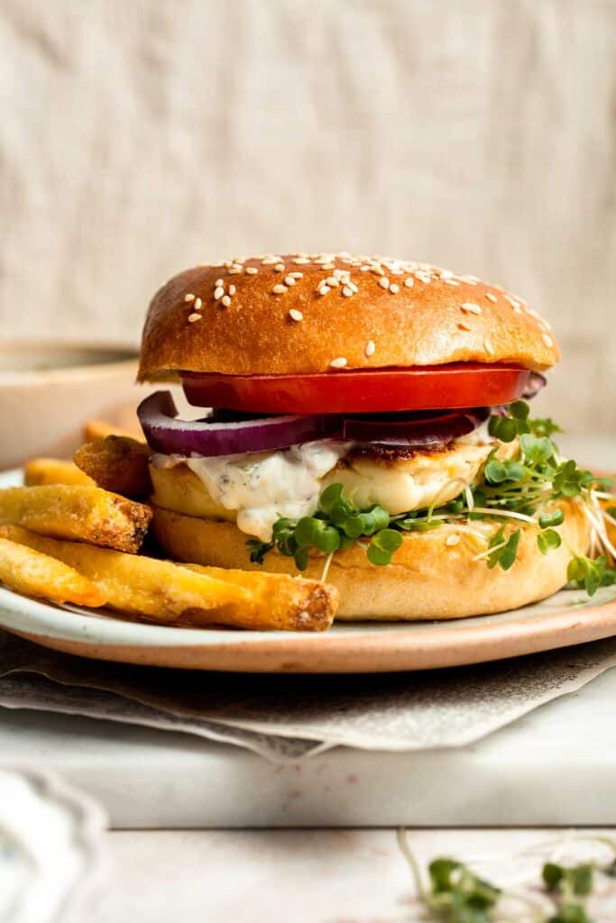 Halloumi Burgers are crispy, salty, and packed with Mediterranean flavor. A quick and easy vegetarian burger ready in 15 minutes! | aheadofthyme.com