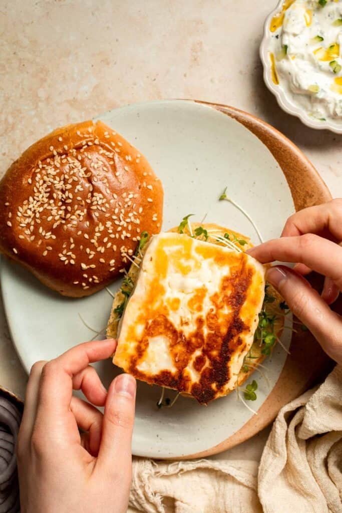 Halloumi Burgers are crispy, salty, and packed with Mediterranean flavor. A quick and easy vegetarian burger ready in 15 minutes! | aheadofthyme.com