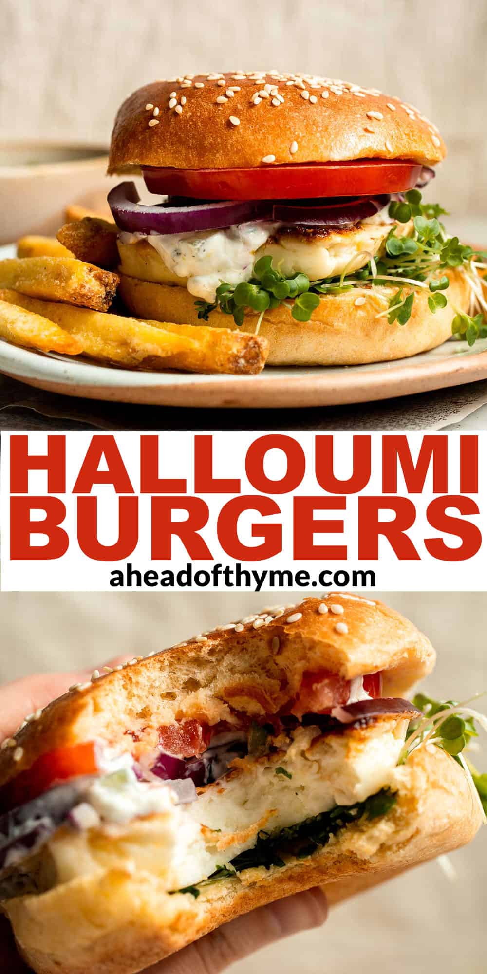 Halloumi Burgers are crispy, salty, and packed with Mediterranean flavor. A quick and easy vegetarian burger ready in 15 minutes! | aheadofthyme.com
