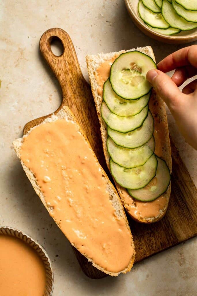 This flavorful Vegetarian Banh Mi Sandwich is made with crispy tofu, pickled vegetables, and sweet mayo layered inside a crusty baguette. | aheadofthyme.com