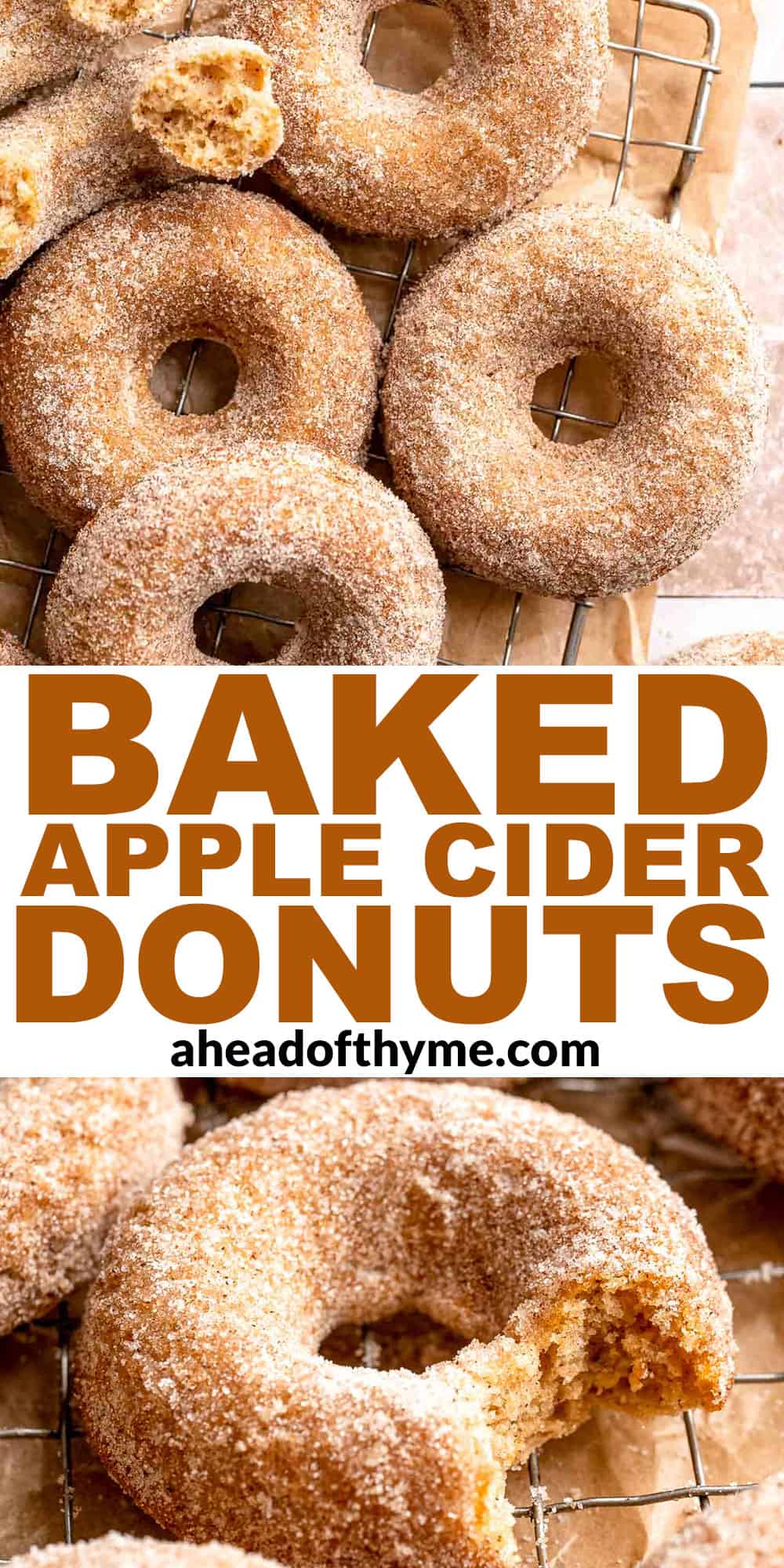 Indulge in the flavors of fall with these delicious baked apple cider donuts coated in spiced cinnamon sugar. An easy to make and cozy fall treat! | aheadofthyme.com