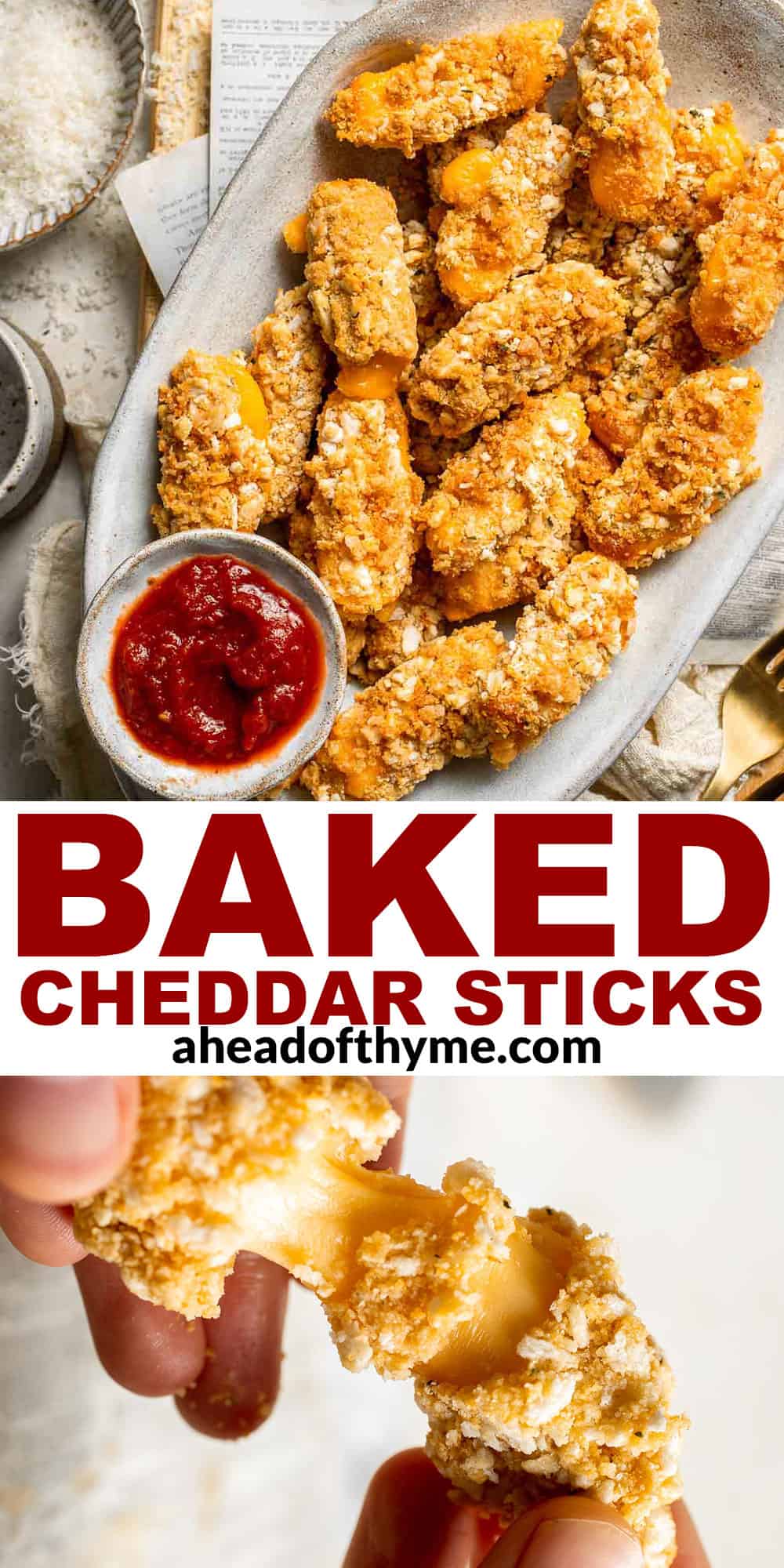 These delicious baked cheddar cheese sticks are the best snack or appetizer: crispy on the outside and gooey on the inside. Perfect for cheese lovers! | aheadofthyme.com