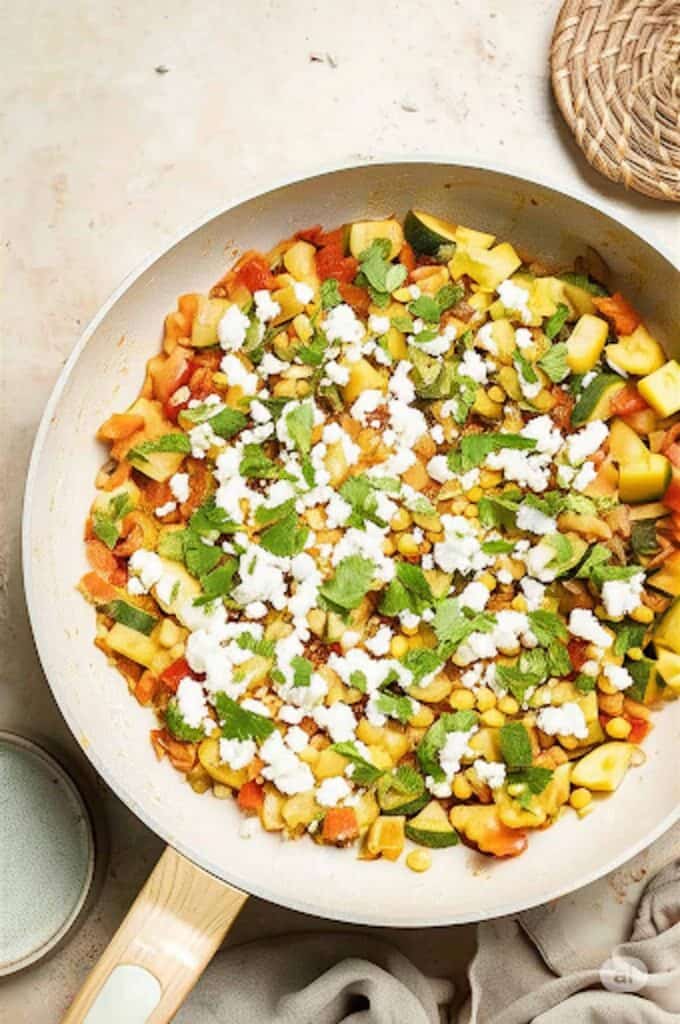 Calabacitas (Mexican Zucchini) is a traditional side dish made with zucchini, corn, tomatoes, and peppers. Make these colorful veggies in just 20 minutes. | aheadofthyme.com