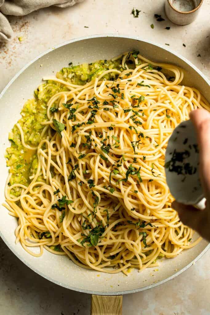 Fresh and vibrant, this Lemon Zucchini Pasta with garlic, basil, and Pecorino Romano is ready in 20 minutes for a light, flavorful dinner this summer. | aheadofthyme.com