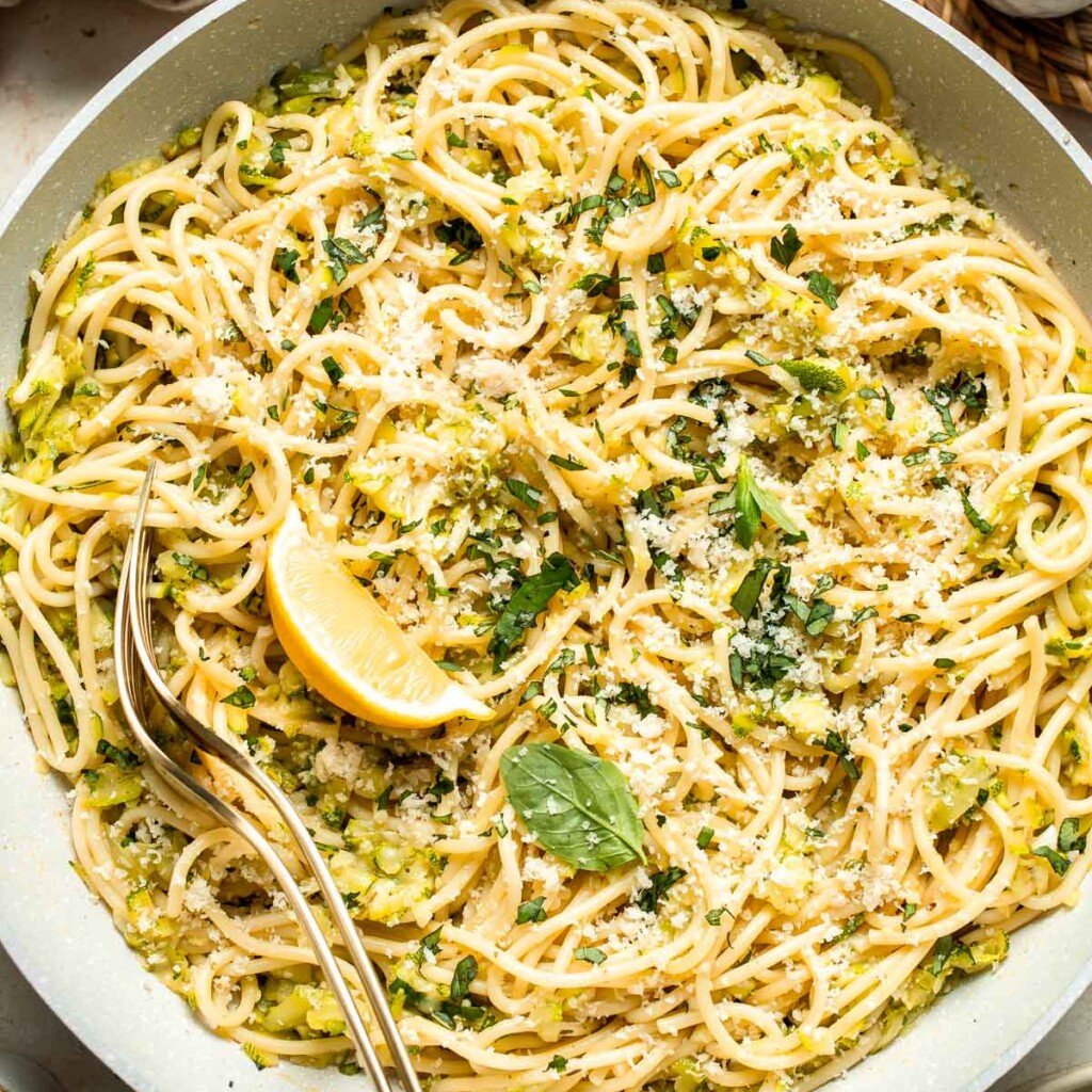 Fresh and vibrant, this Lemon Zucchini Pasta with garlic, basil, and Pecorino Romano is ready in 20 minutes for a light, flavorful dinner this summer. | aheadofthyme.com