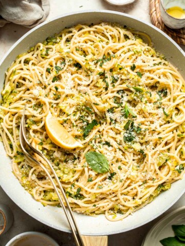 Fresh and vibrant, this Lemon Zucchini Pasta with garlic, basil, and Pecorino Romano is ready in 20 minutes for a light, flavorful dinner this summer. | aheadofthyme.com