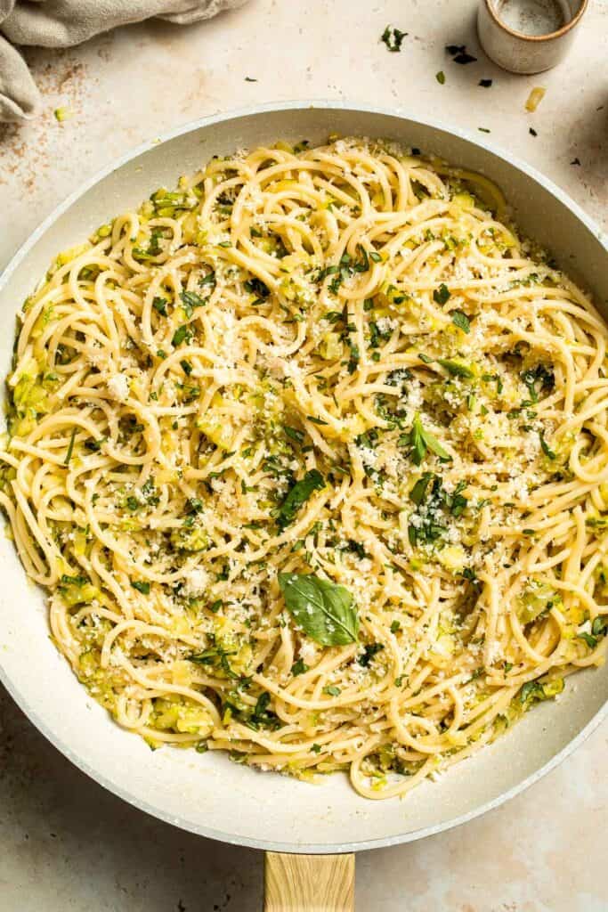 Fresh and vibrant, this Lemon Zucchini Pasta with garlic, basil, and Pecorino Romano is ready in 20 minutes for a light, flavorful dinner this summer. | aheadofthyme.com