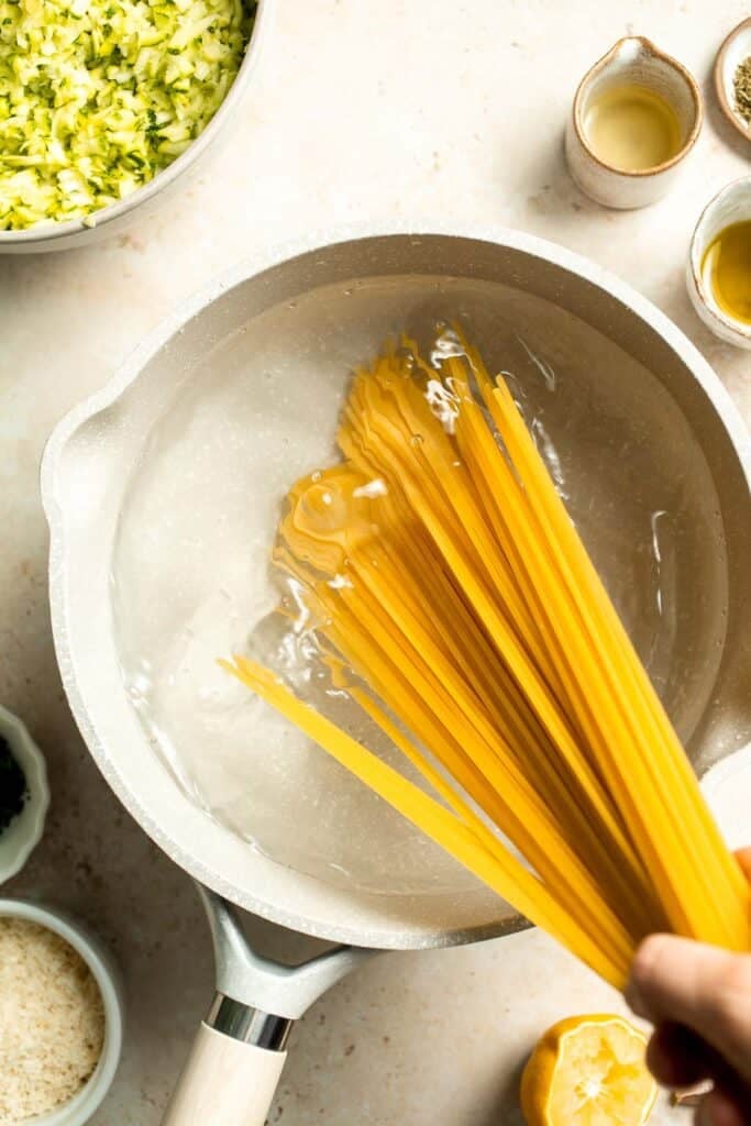 Fresh and vibrant, this Lemon Zucchini Pasta with garlic, basil, and Pecorino Romano is ready in 20 minutes for a light, flavorful dinner this summer. | aheadofthyme.com