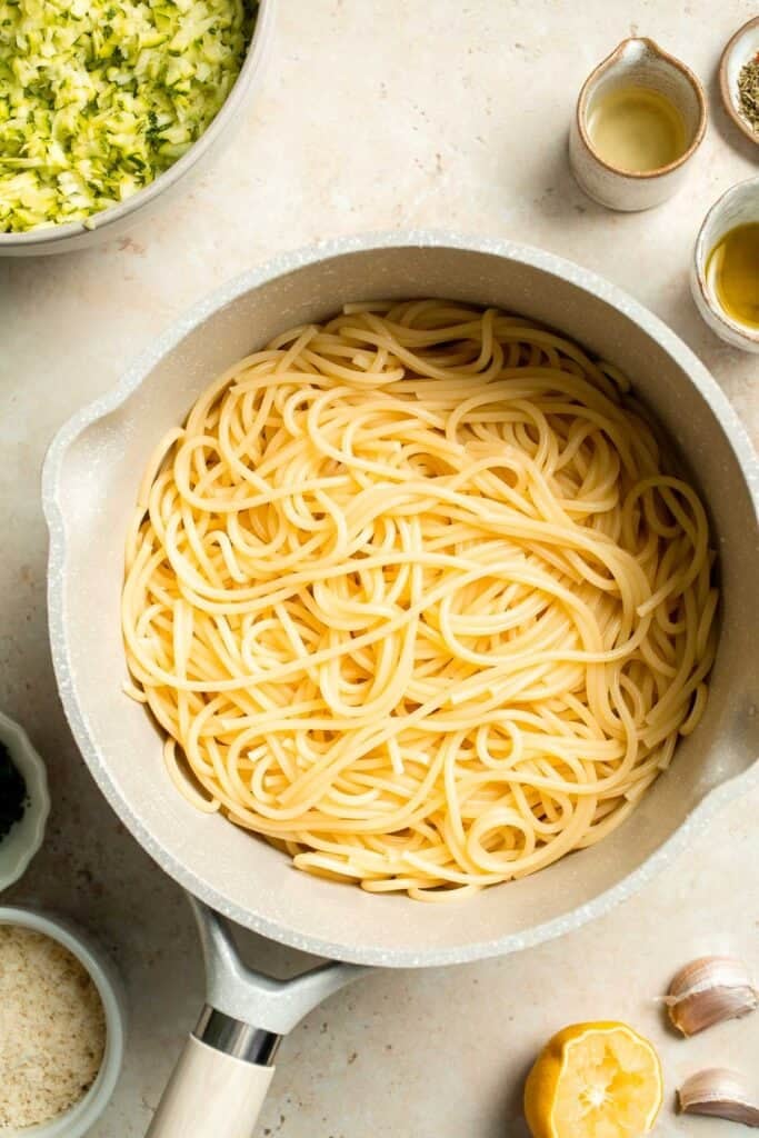 Fresh and vibrant, this Lemon Zucchini Pasta with garlic, basil, and Pecorino Romano is ready in 20 minutes for a light, flavorful dinner this summer. | aheadofthyme.com