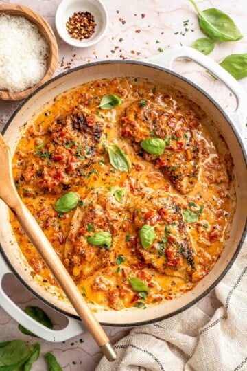Creamy one pan Marry Me Chicken with sun-dried tomatoes is ready in 30 minutes for a restaurant-quality weeknight dinner that will have you saying "I do".