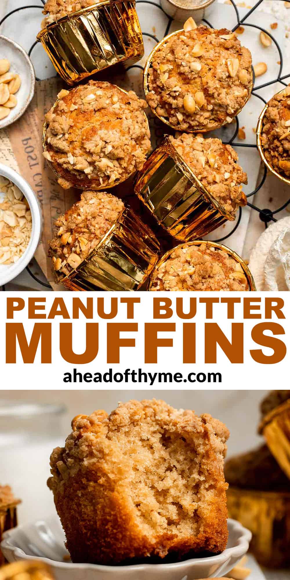 Delicious, protein-packed peanut butter muffins with a crunchy streusel topping are perfect for breakfast or as a midday snack. Soft, fluffy, and tasty! | aheadofthyme.com