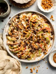Apple Nachos are a quick, healthy snack made with crisp apples, nut butter, and toppings. Fun, customizable, and ready in minutes! | aheadofthyme.com