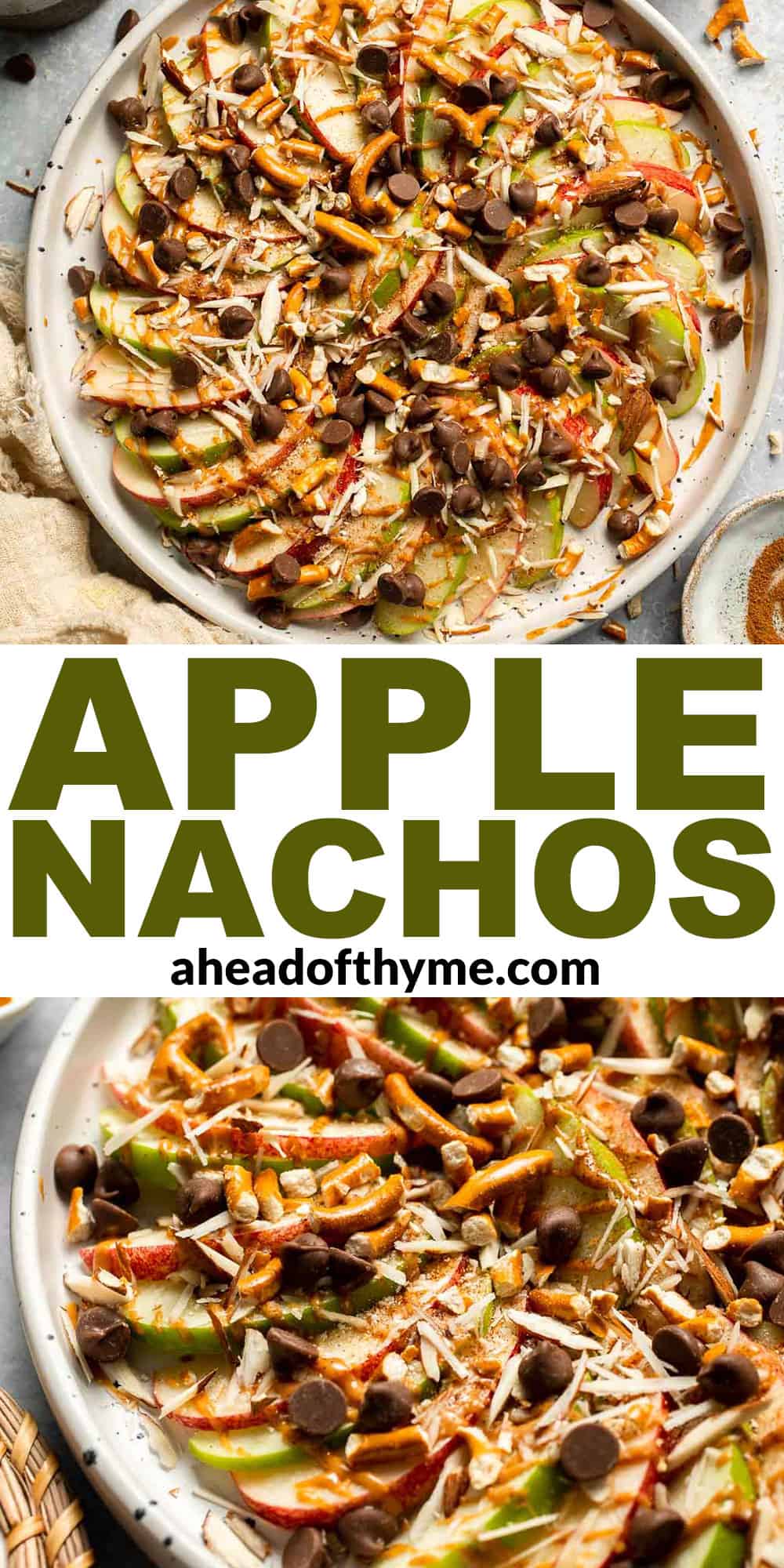 Apple Nachos are a quick, healthy snack made with crisp apples, nut butter, and toppings. Fun, customizable, and ready in minutes! | aheadofthyme.com